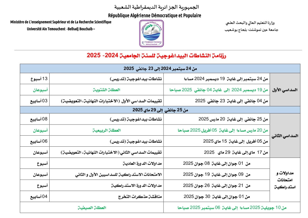 رزنامة النشاطات البيداغوجية المتعلقة بالسنة الجامعية 2024-2025